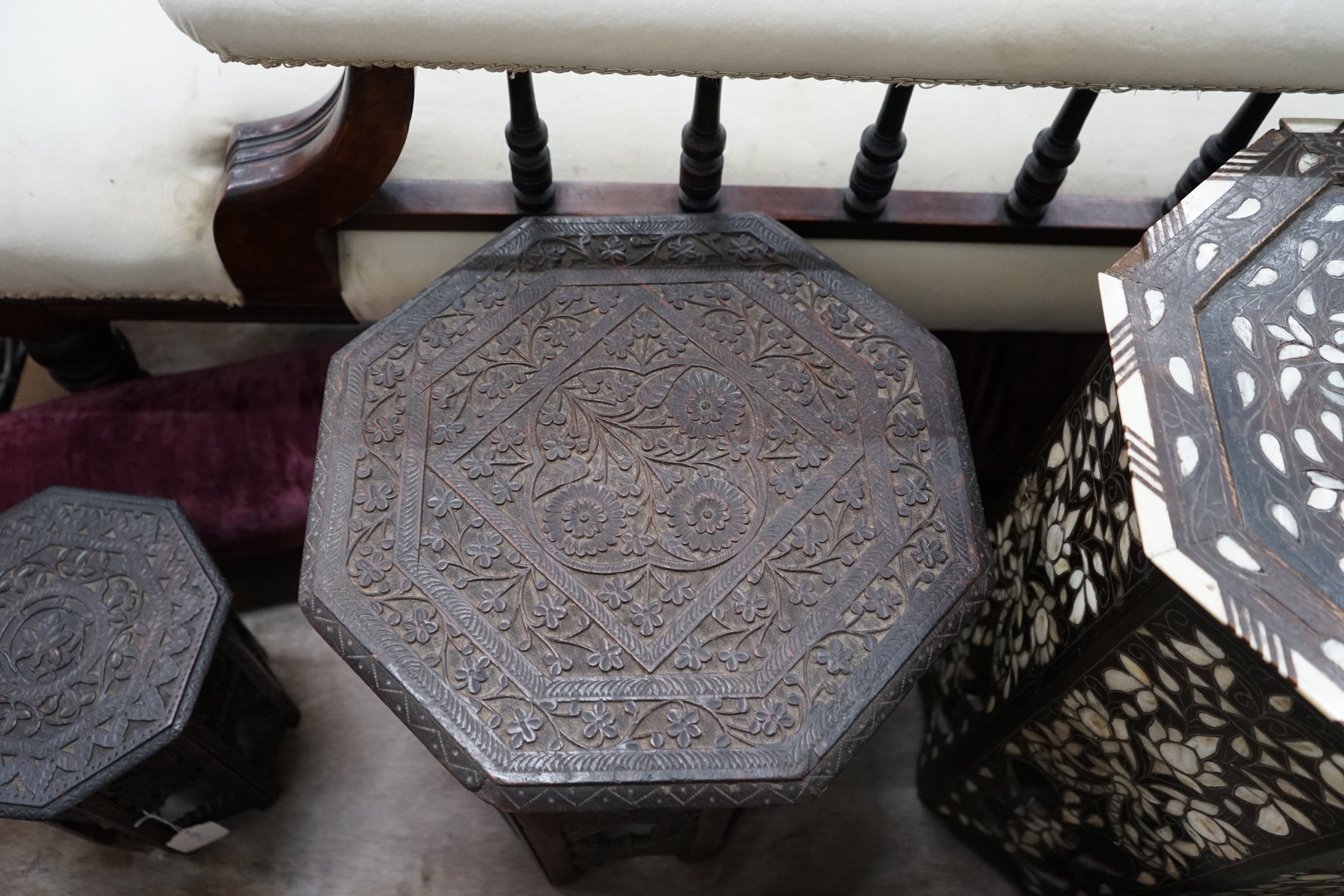 Three Indian and Moorish octagonal occasional tables, largest width 43cm height 53cm